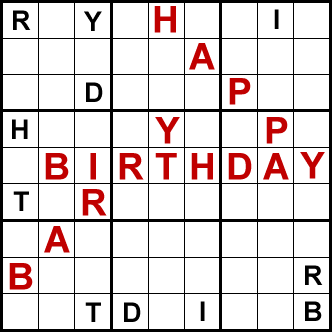 Sudoku Puzzle spelling Happy Birthday