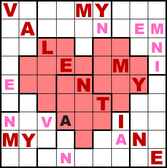 Irregular Sudoku Puzzle spelling MY VALENTINE and the regions showing a heart shape.